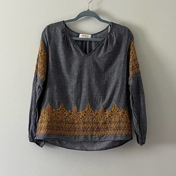 renee c. gray peasant blouse top with pink gold embroidery long sleeve sz small - Picture 1 of 13